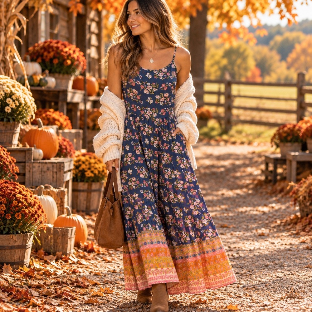 Natural Life Floral Maxi Dress XL Navy Blue Boho Tiered Pockets Hippie Chic Fall
